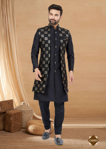 Joban Fashion Men's Black Heavy Art Silk Plain Indowestern - Distacart