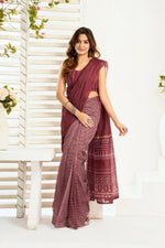 Thumbnail for Joban Fashion Maroon Ethnic Motifs Linen Ready To Wear Saree With Unstitched Blouse - Distacart