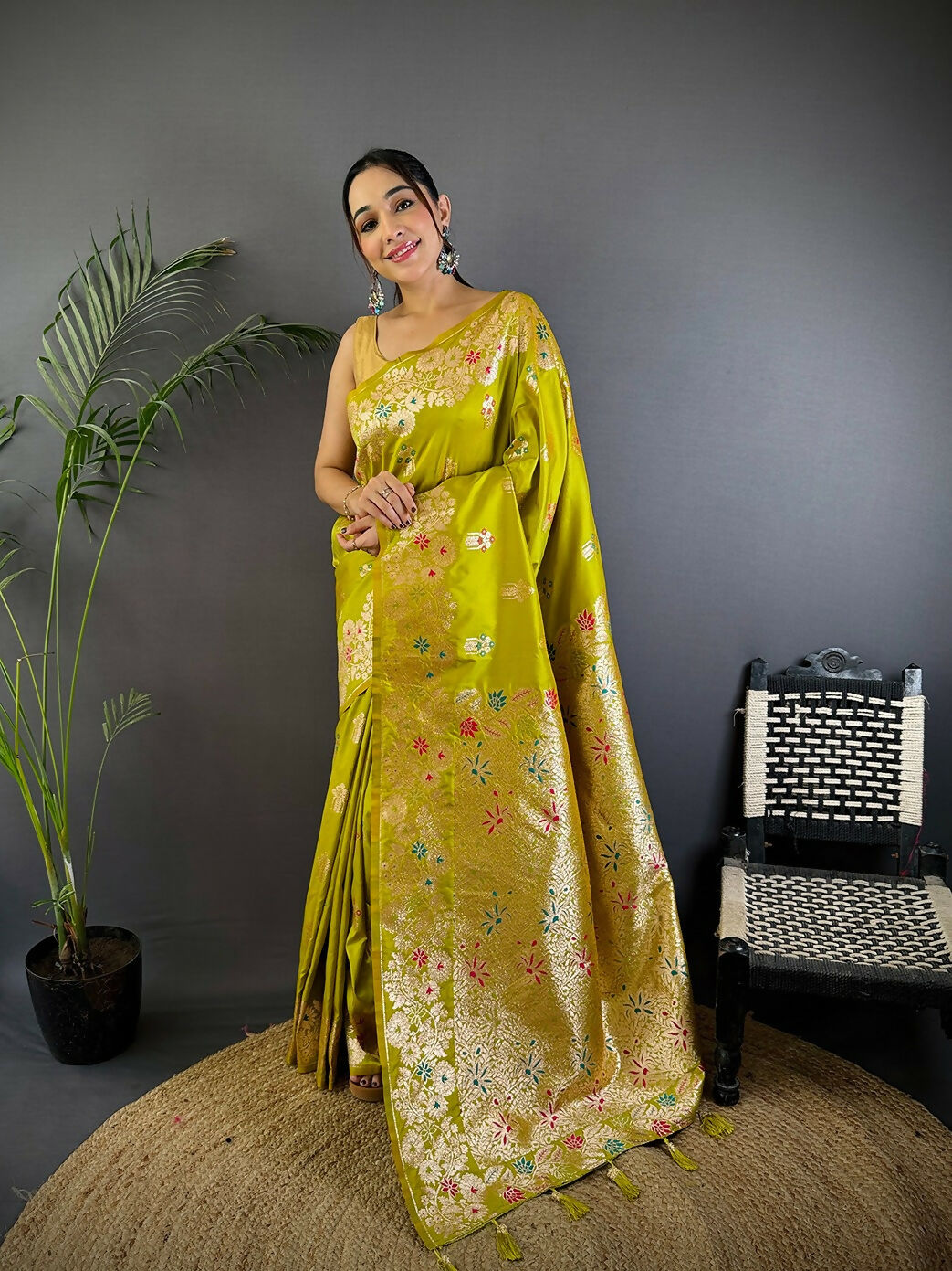 Joban Fashion Meenakari Lime Green Woven Soft Silk Saree