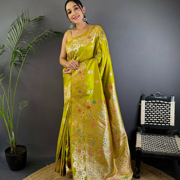 Joban Fashion Meenakari Lime Green Woven Soft Silk Saree - Distacart