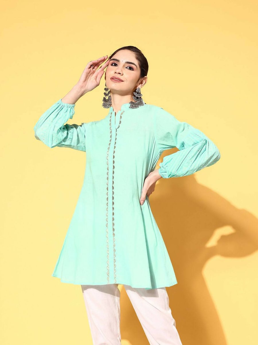 Ahalyaa Women Mint Green Pure Cotton Silver Print Tunic - Distacart