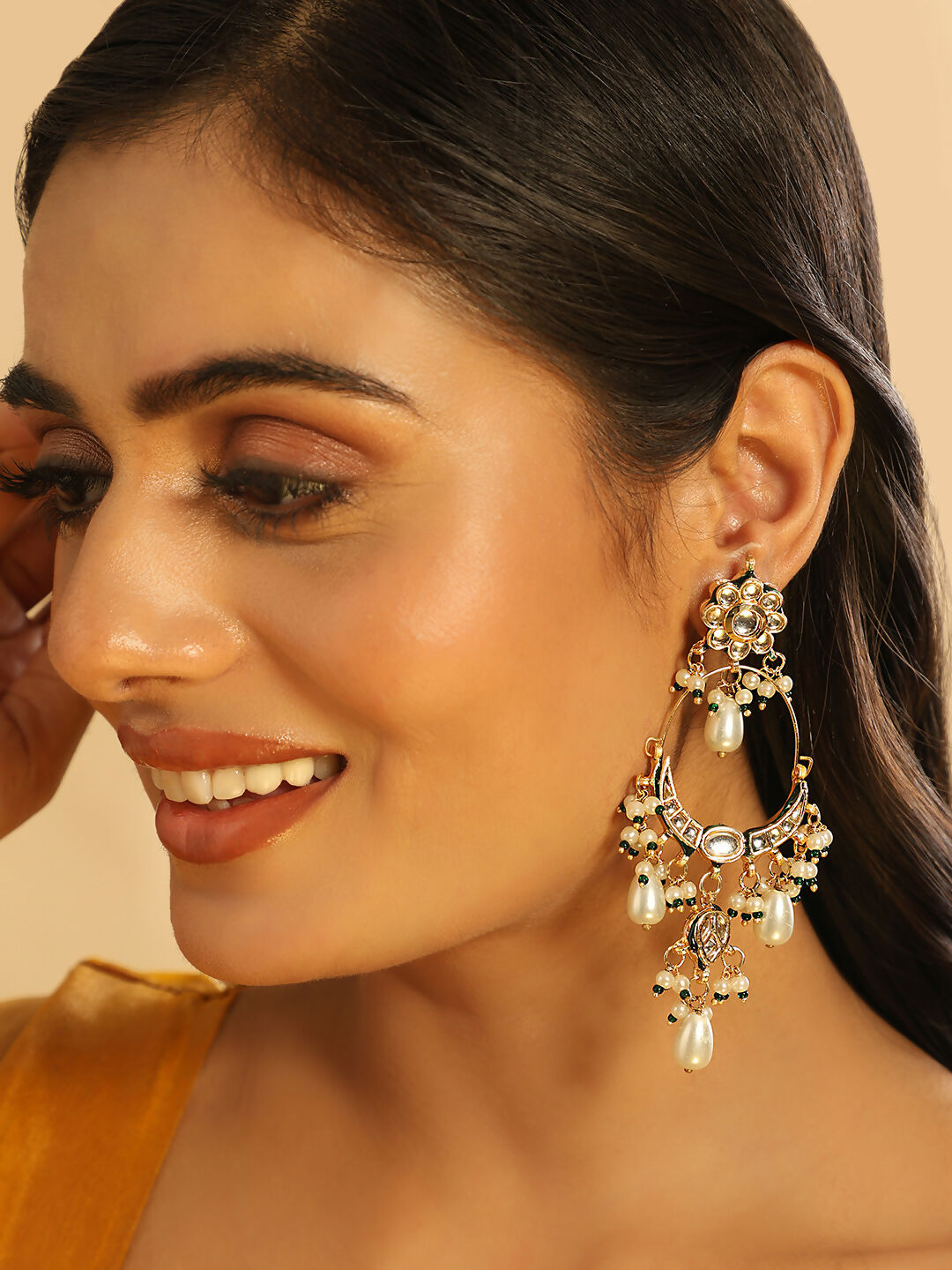 Nuyug 22K Gold Plated Crescent Kundan Drop Pearl Chandbali Earrings