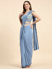 Thumbnail for Blue Lycra Solid Ready to wear Saree with stitched Blouse - Vanita - Distacart