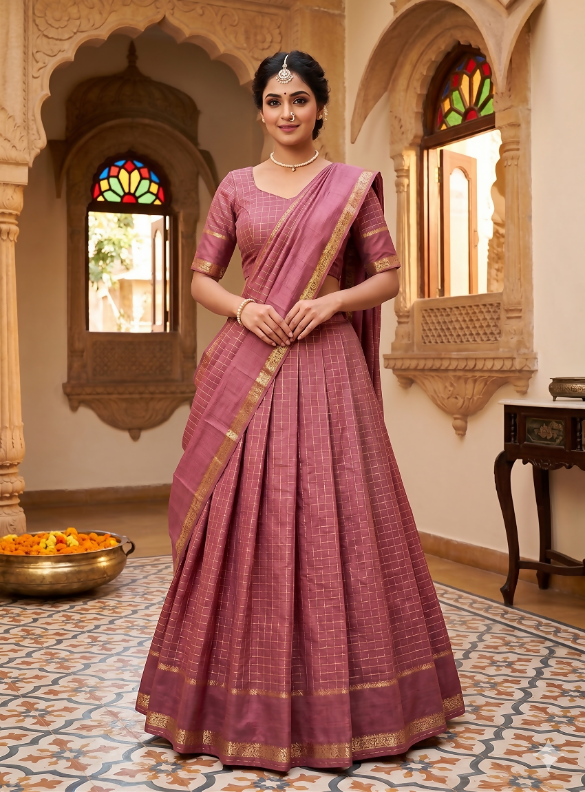 Teeya Creation New South Indian Silk Checked Half Saree Lehenga Choli with Zari Border-Pink - Dista