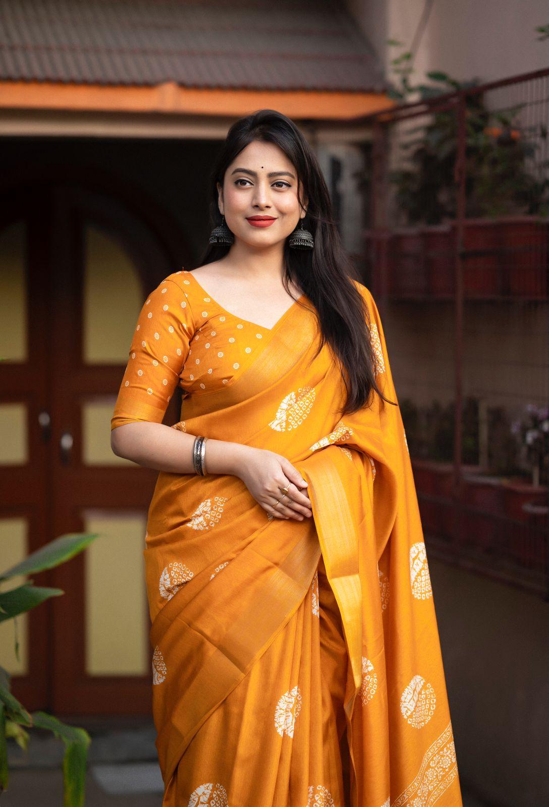 Mustard Cotton Crepe Batik Print Saree with Unstitched Blouse - Hiral Fashion - Distacart