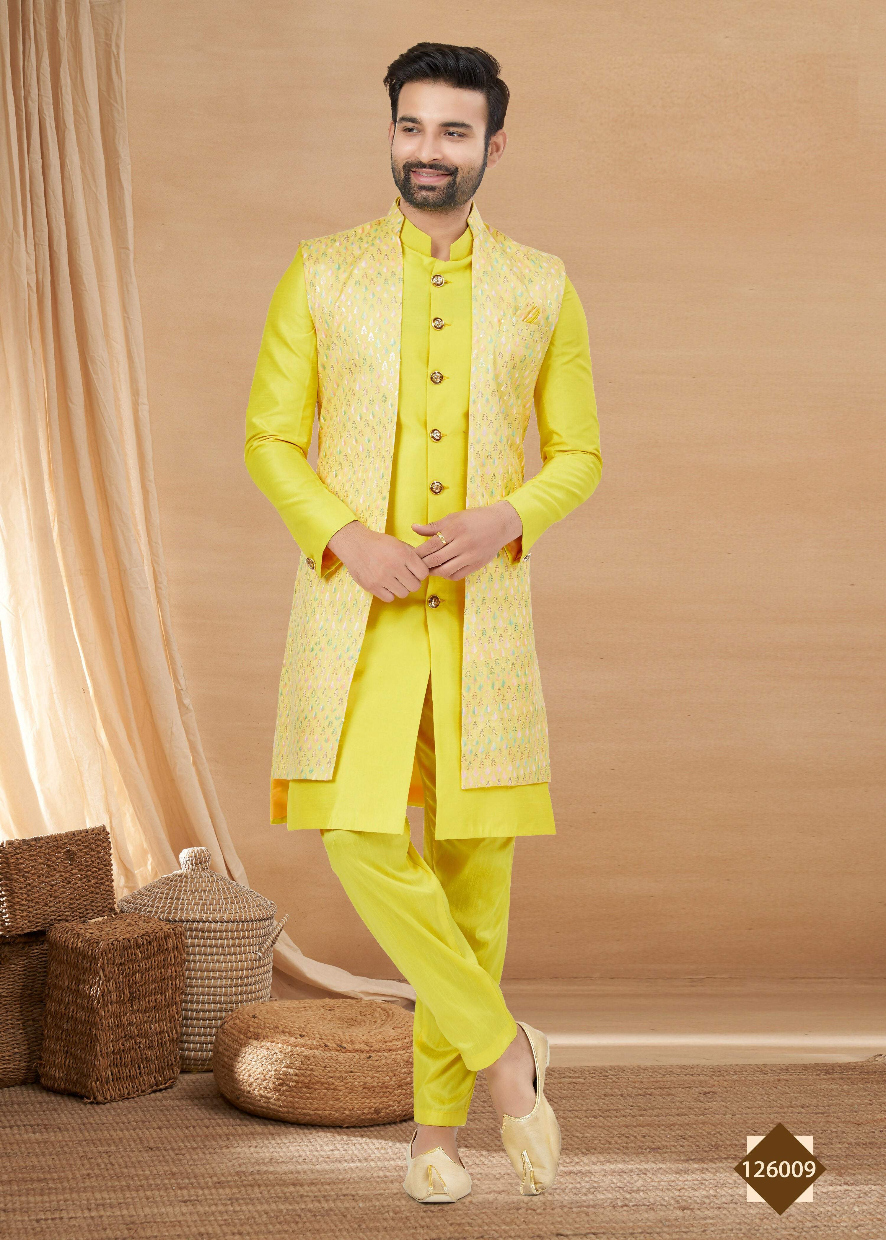 Joban Fashion Men's Lemon Yellow Heavy Art Silk Double Finish Plain Indowestern - Distacart