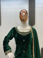Thumbnail for Vastranavya Green Velvet Sequence Embroidery Work Kurta & Bottom With Dupatta