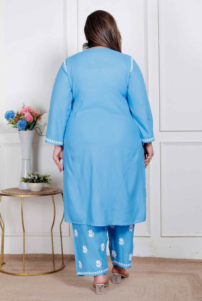 Miravan Womens Plus Size Blue Embroidered Kurta With Palazzo - Distacart