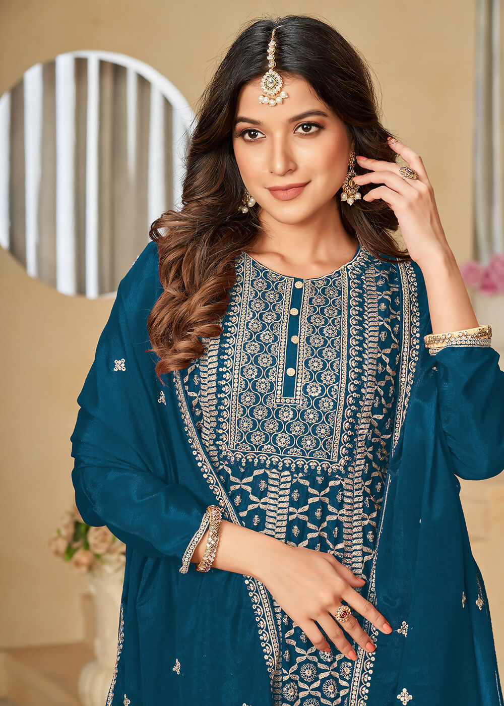 Chinnon Peacock Blue Embroidered Palazzo Salwar Suit - Emponline - Distacart