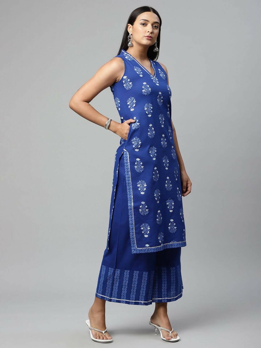 Ahalyaa Womens Indigo Blue Pure Cotton Printed Kurta Palazzo Set - Distacart