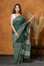 Thumbnail for Very Much Indian Handblock Printed Cotton Saree With Natural Dyes - Leaf Green - Distacart