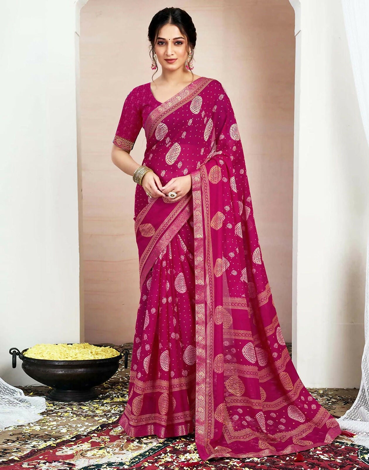 Joban Fashion Chiffon Printed Rani Pink Color Saree