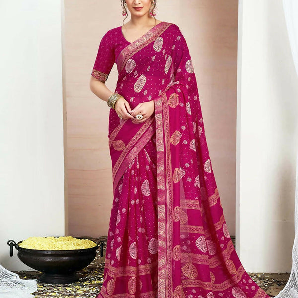 Joban Fashion Chiffon Printed Rani Pink Color Saree