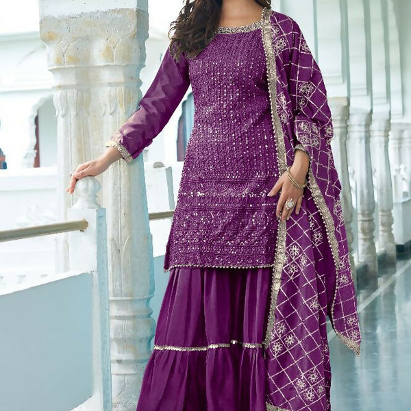Teeya Creation Wine Colour Chinnon Silk Heavy Embroidery Work Fully Stitched Salwar Suit - Distacart