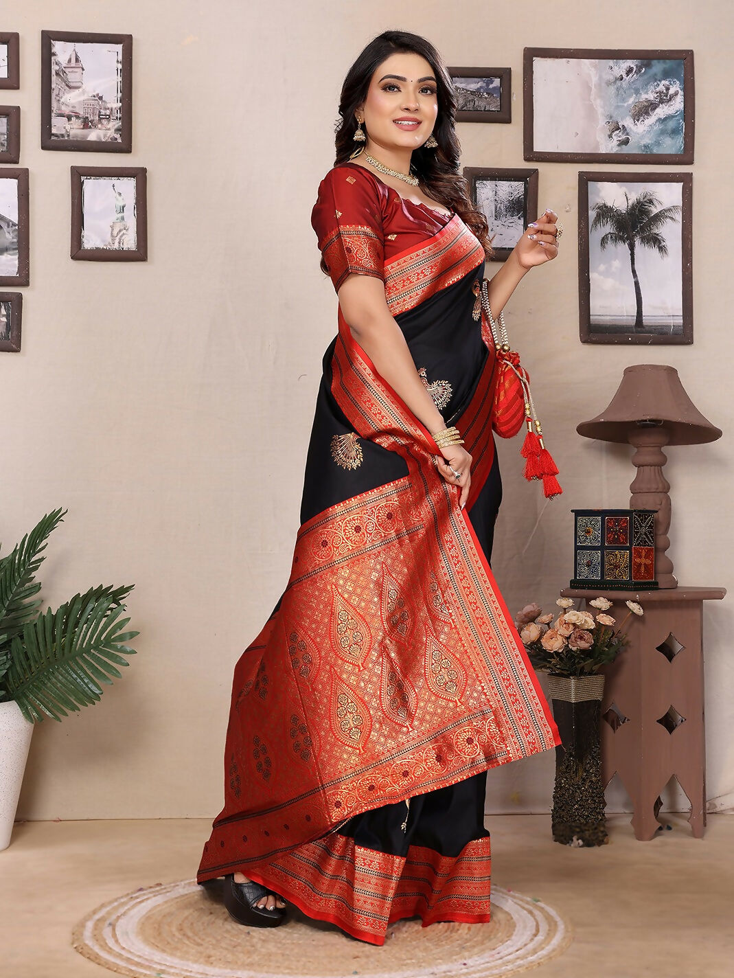 Joban Fashion Banarasi Black Small Butti Soft Silk Saree