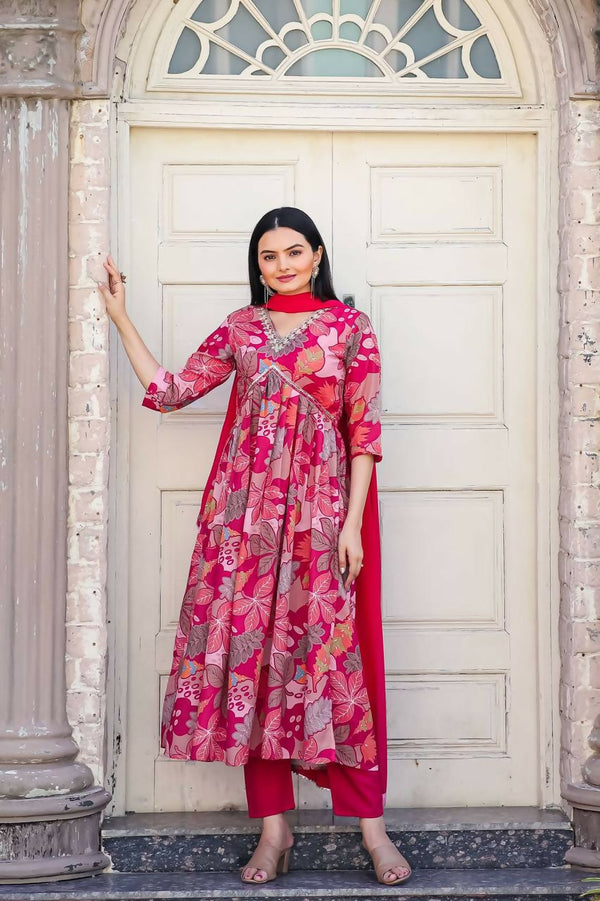 Preksha Creation Cotton Print Women Gown And Full Lining With Pent And Nazneen Dupatta With Work Lace - Red - Distacart