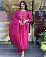 Thumbnail for The52 Pink Women's Gorgeous Chanderi Fabric Embroidered Work Straight Kurta Pant and Dupatta Set - Distacart