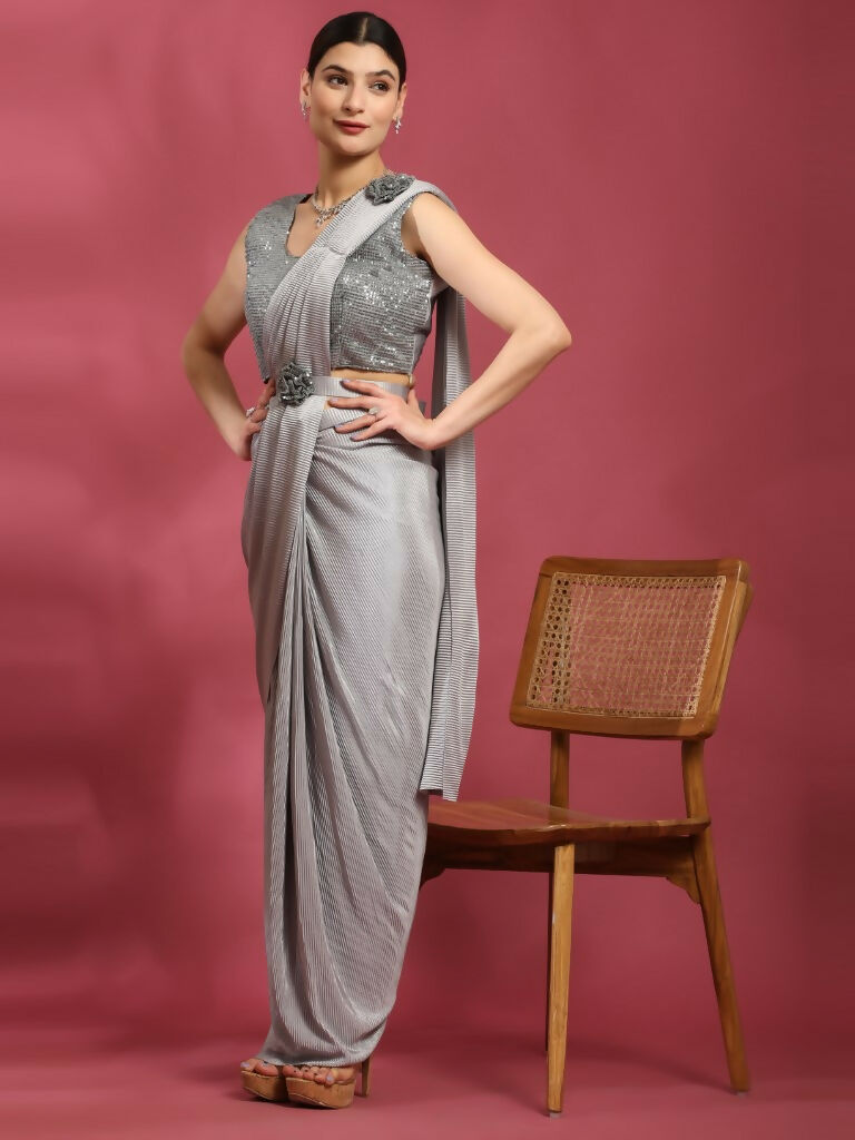 Grey Imported Crush Lycra Texture Pattern Ready to Wear Saree with stitched Blouse - Nirvana - Distacart