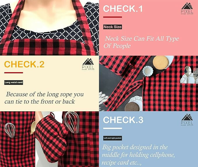 Pixel Home Cotton Apron Check Kitchen-Red Checked - Dista