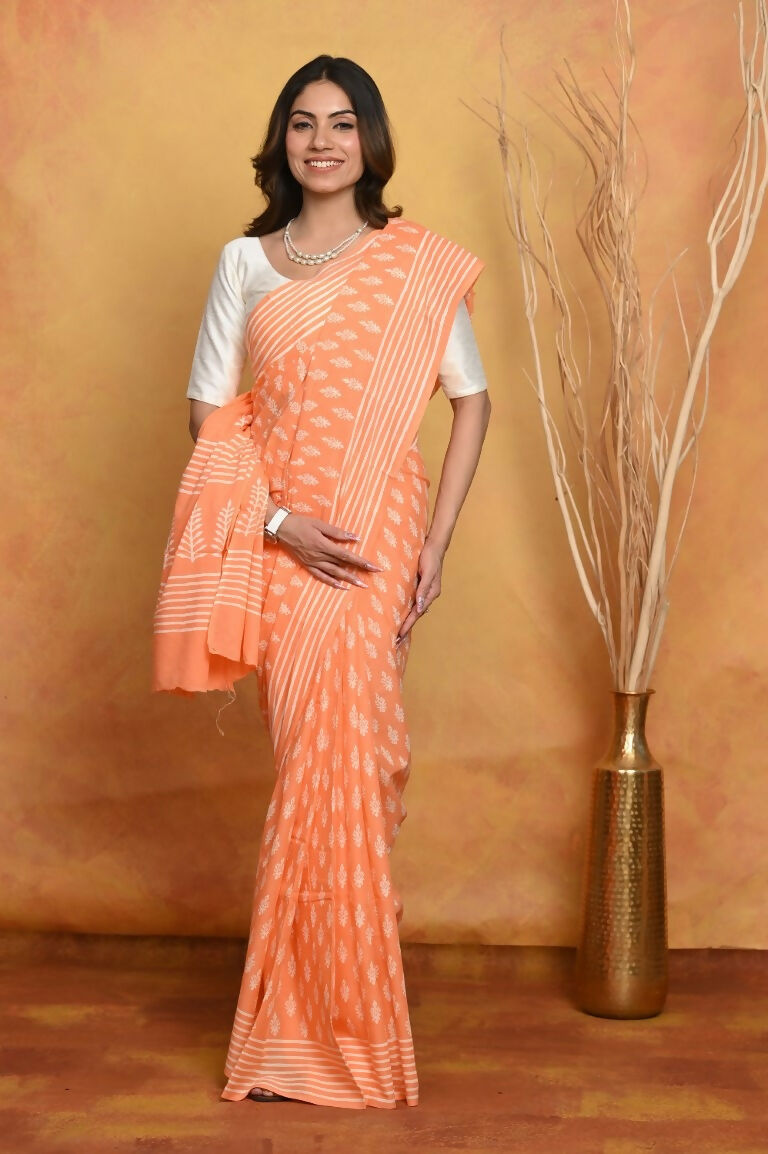 Very Much Indian Handblock Printed Cotton Saree With Natural Dyes - Light Peach - Distacart