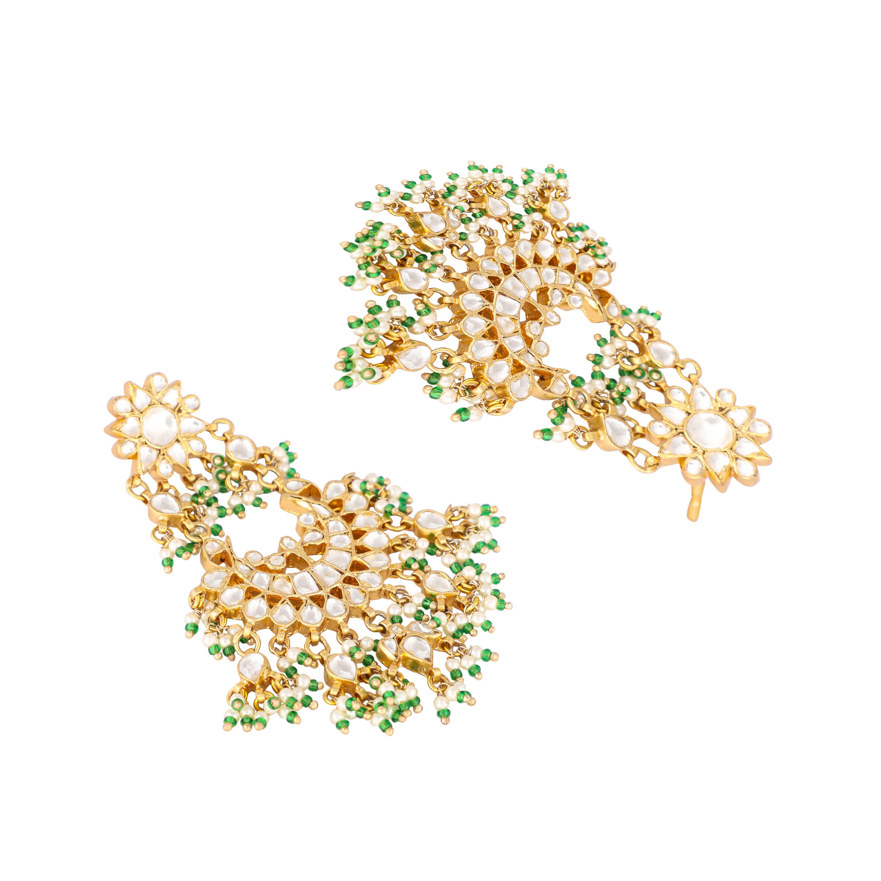Nuyug 22K Gold-Plated Kundan & Pearl Studded Crescent Shaped Green Beads Chandbalis