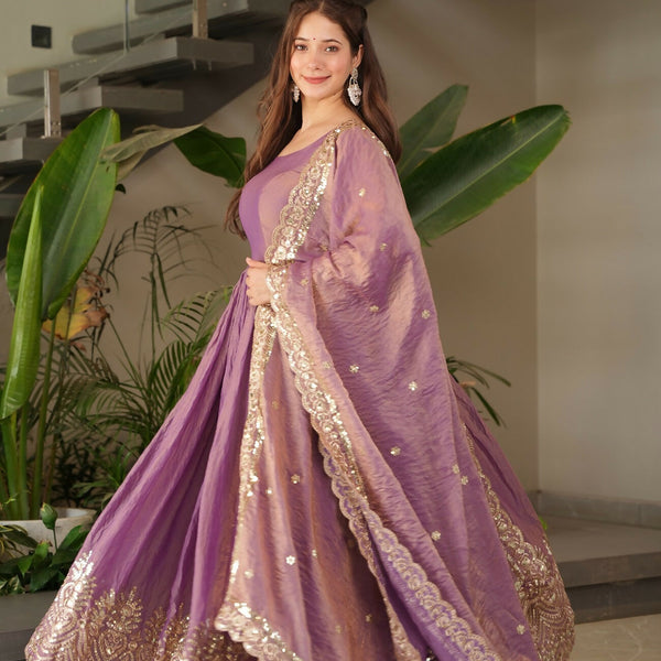Teeya Creation Onion Color Fendy Silk Wedding Wear Embroidery Work Long Gown - Distacart