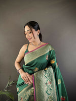 Thumbnail for Joban Fashion Green Elephant & Floral Motifs Soft Lichi Silk Banarasi Saree - Distacart