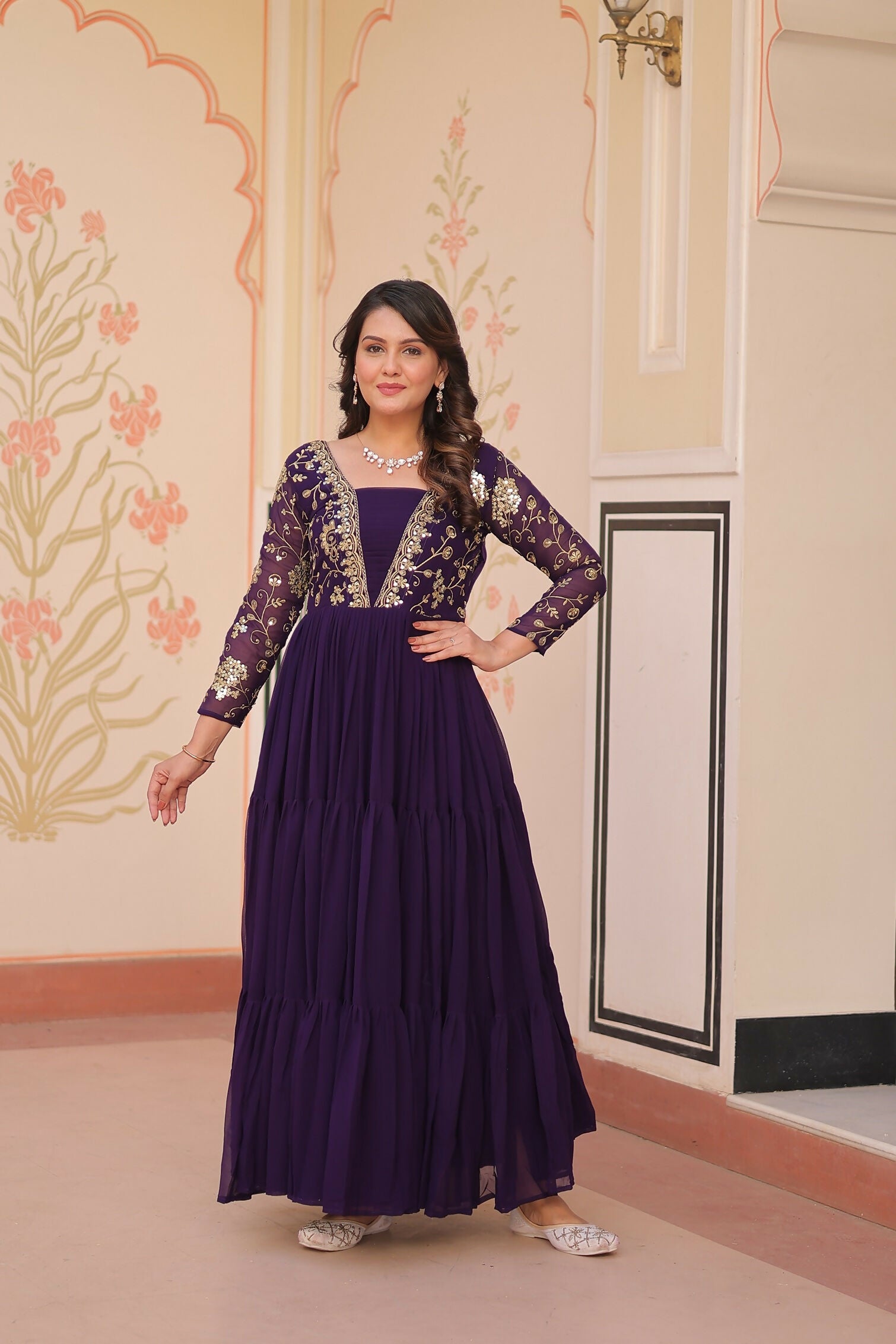 Joban Fashion Purple Georgette Sequence Embroidery Work Dress