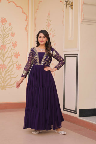 Joban Fashion Purple Georgette Sequence Embroidery Work Dress