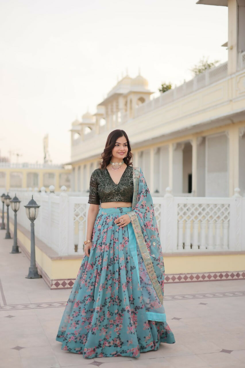 Preksha Creation Digital Printed Russian Silk Fabric Women Lehenga Choli - Sky Blue - Distacart