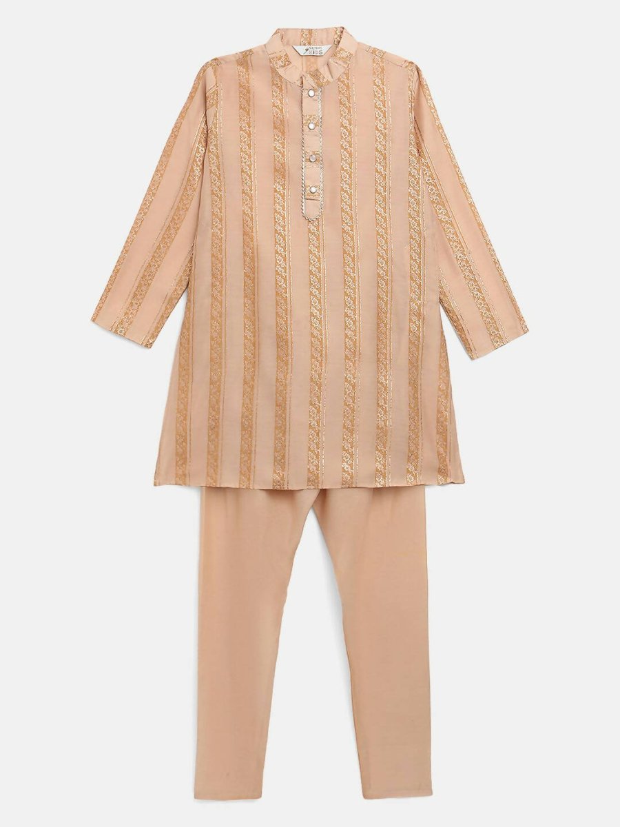 Ahalyaa Beige Chanderi Gold Foil Print Kids Kurta Churidar Set For Boys - Distacart