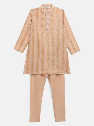 Ahalyaa Beige Chanderi Gold Foil Print Kids Kurta Churidar Set For Boys - Distacart