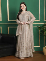 Thumbnail for Aastha Fashion Women's Beige Green Net Floral Cording with Sequin & Crystal work Anarkali Dress Set - Distacart