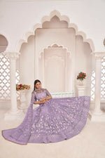 Thumbnail for Aastha Fashion Lavender Butterfly Net White Cotton Thread Work, Zari Work And Sandwich Sequence Work Embroidery Wedding Wear Lehenga Choli - Distacart
