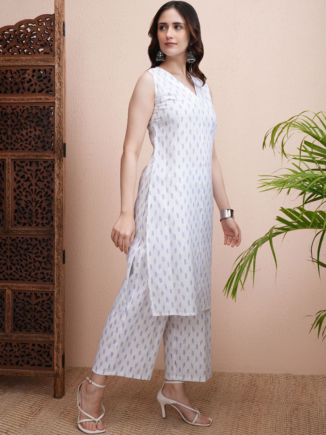 Vishudh White Printed Straight Pure Cotton Kurta with Palazzos