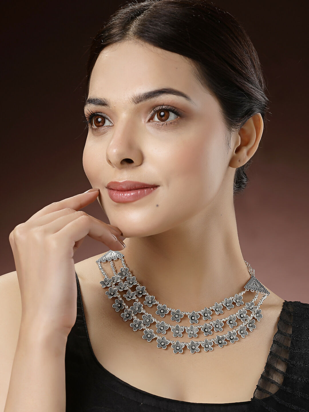 NVR Women's 3 Layered Floral Shape Artificial Beads German Silver Oxidised Necklace - Distacart