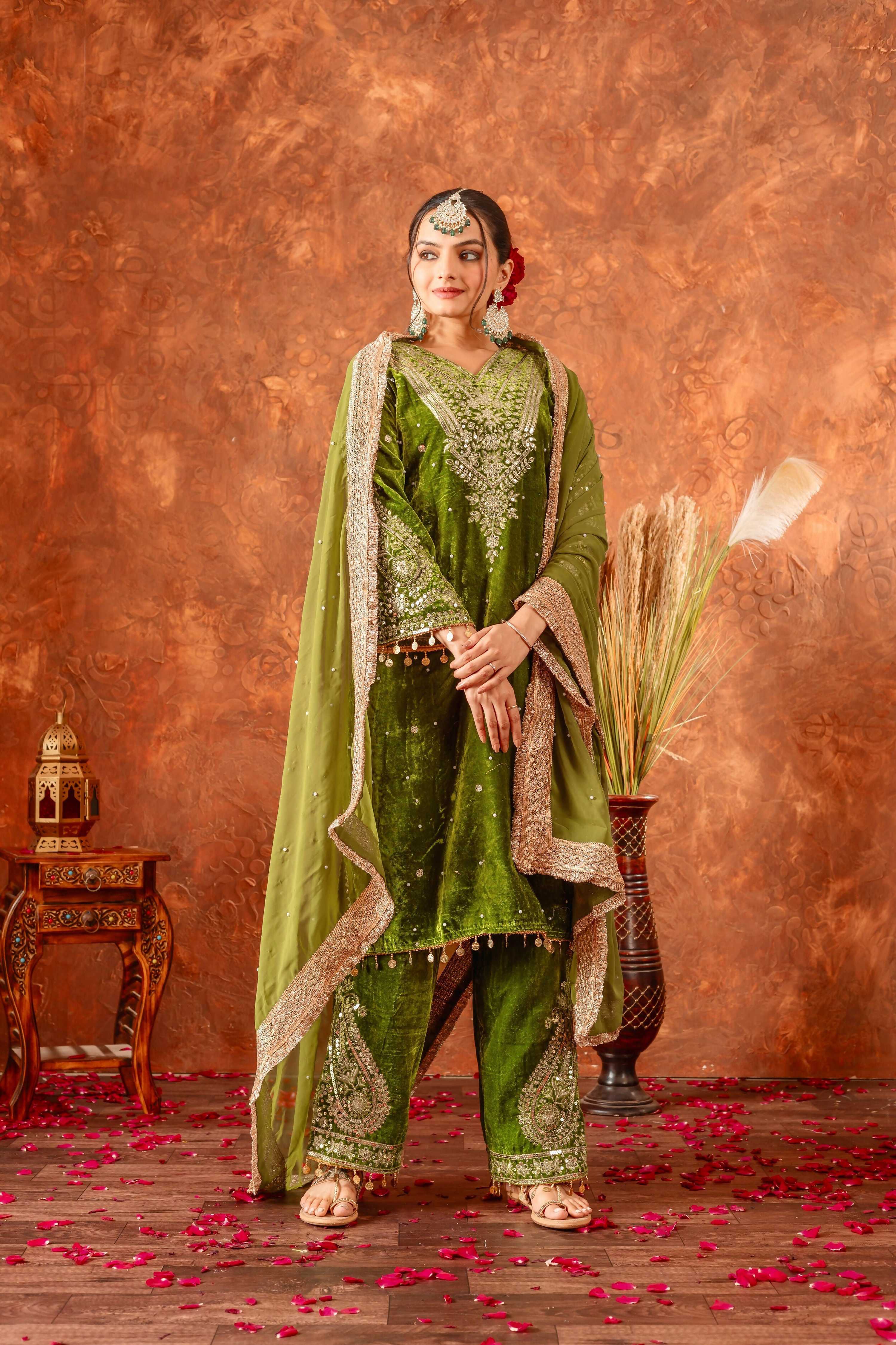 Teeya Creation Green Color Velvet Silk Embroidery Work Party Wear Suit