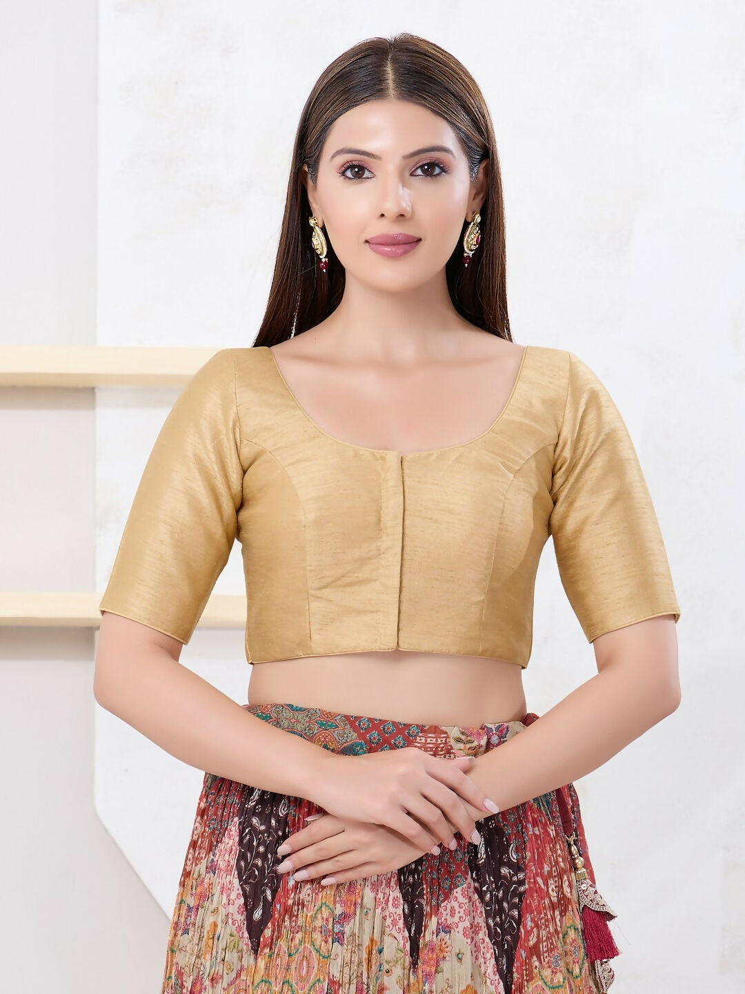 Joban Fashion Gold Dupion Silk Elbow Sleeveless Front Open Blouse