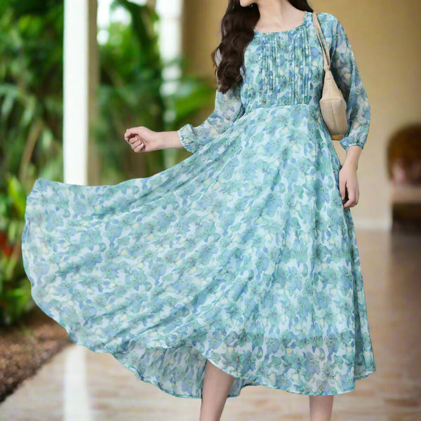 Souchii Blue Floral Chiffon Maxi Dress