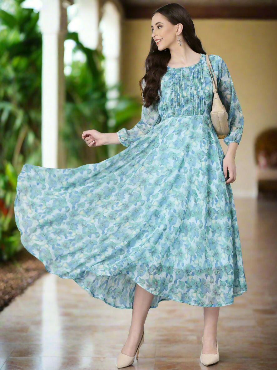 Souchii Blue Floral Chiffon Maxi Dress - Dista