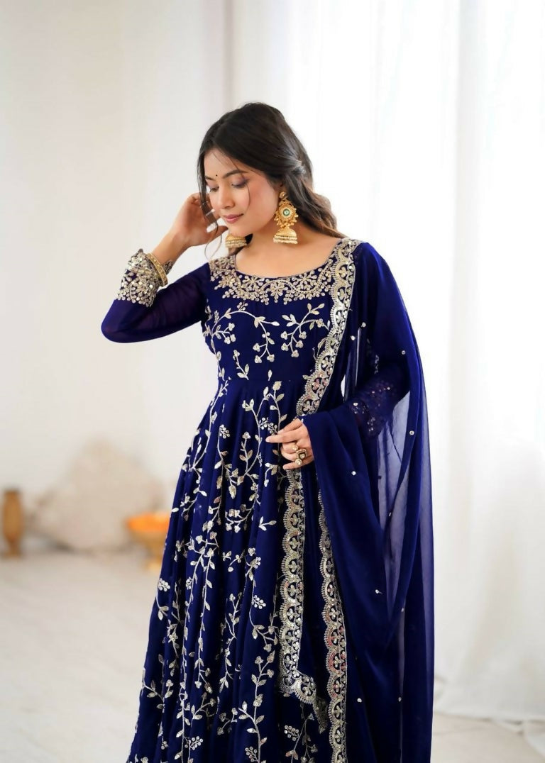 Teeya Creation Blue Color Heavy Faux Georgette Embroidery Work Gown