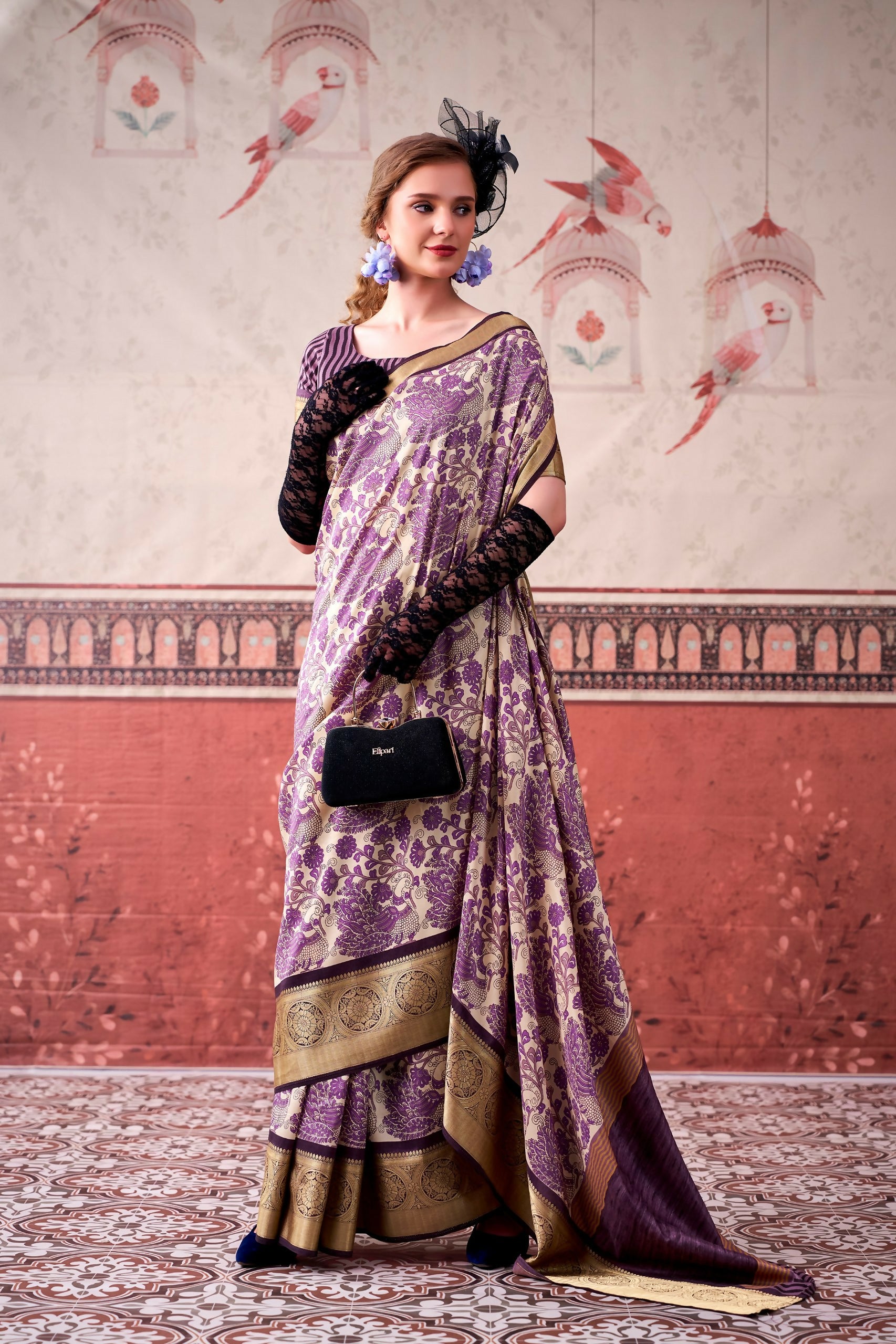 Vastranavya Lavender Tussar Silk Printed with Viscose Border Saree & Unstitched Blouse - Distacart