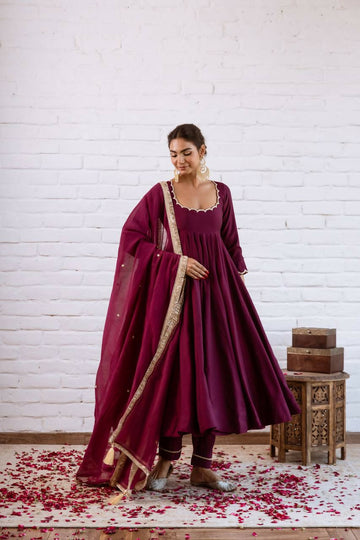 Teeya Creation Wine Solid Silk Blend Anarkali Suit With Pants And Dupatta - Dista