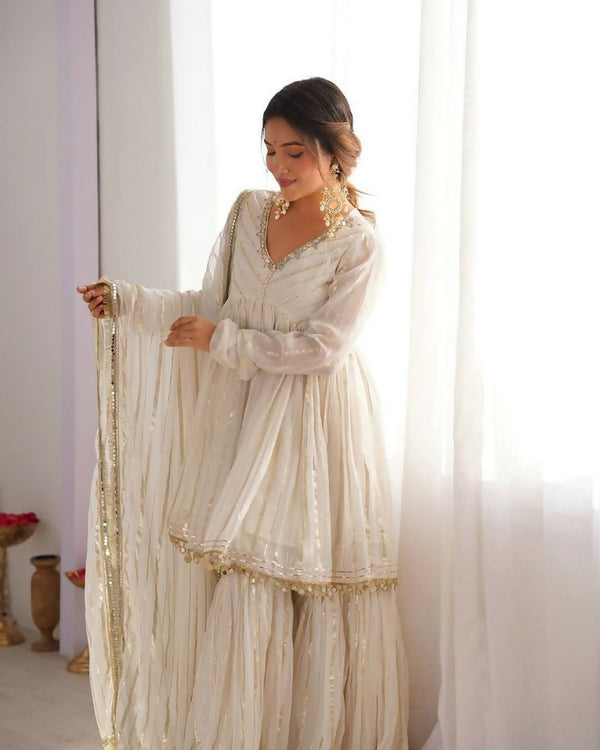 Teeya Creation White Color Mal Chanderi Silk Mirror Work And Hand Work Sharara set