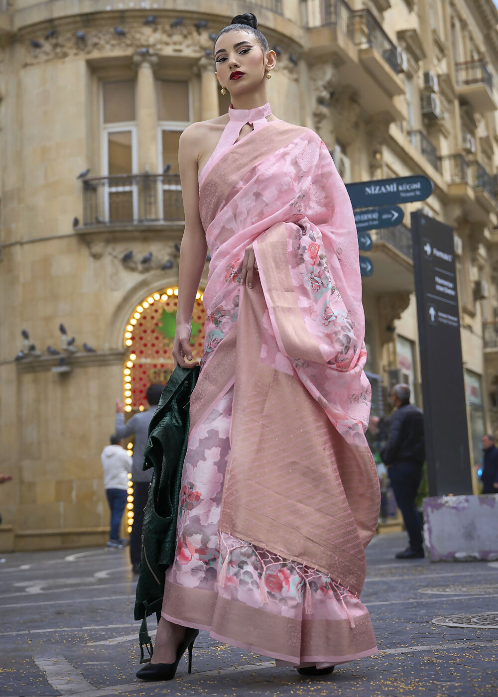 Lovely Baby Pink Polly Brasso Designer Saree - Emponline - Distacart