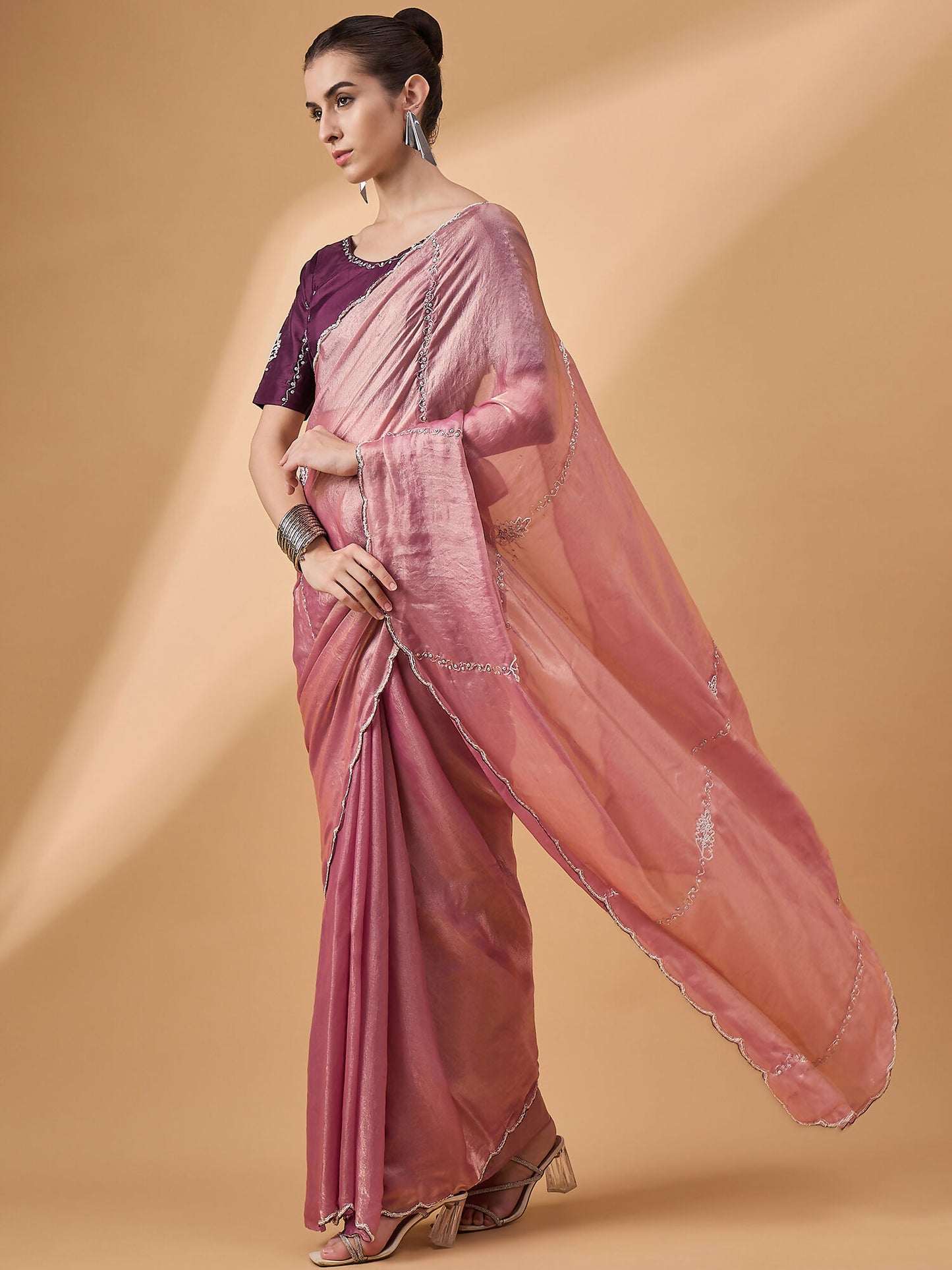 Pink Muslin Embroidered Saree with Unstitched Blouse Piece - Satya - Distacart