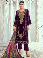 Thumbnail for Aastha Fashion Women's Purple Velvet Cording with Digital Printed Kurta with Trouser & Dupatta - Distacart