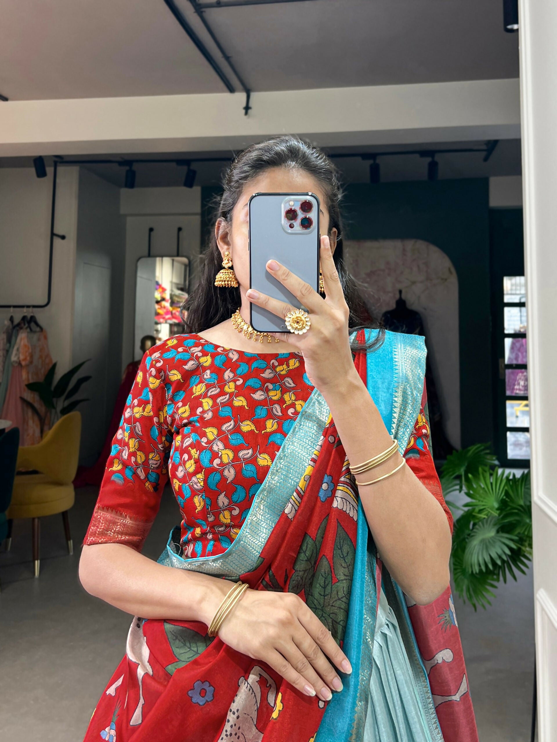 Vastranavya Kalamkari Print With Weaving Border Lehenga with Unstitched Blouse - Sky Blue - Distacart