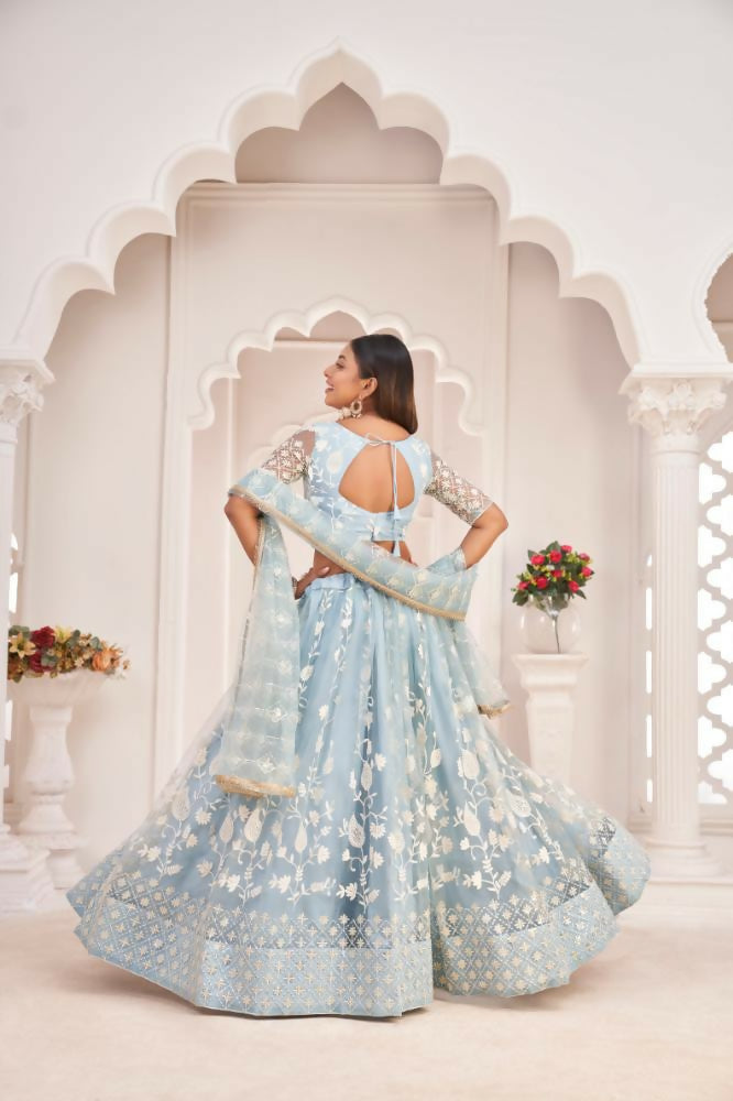 Aastha Fashion Light Sky Butterfly Net White Cotton Thread Work, Zari Work And Sandwich Sequence Work Embroidery Wedding Wear Lehenga Choli - Distacart