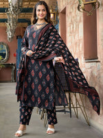 Thumbnail for Kalini Ethnic Motifs Printed Thread Work Straight Kurta With Trousers & Dupatta - Distacart